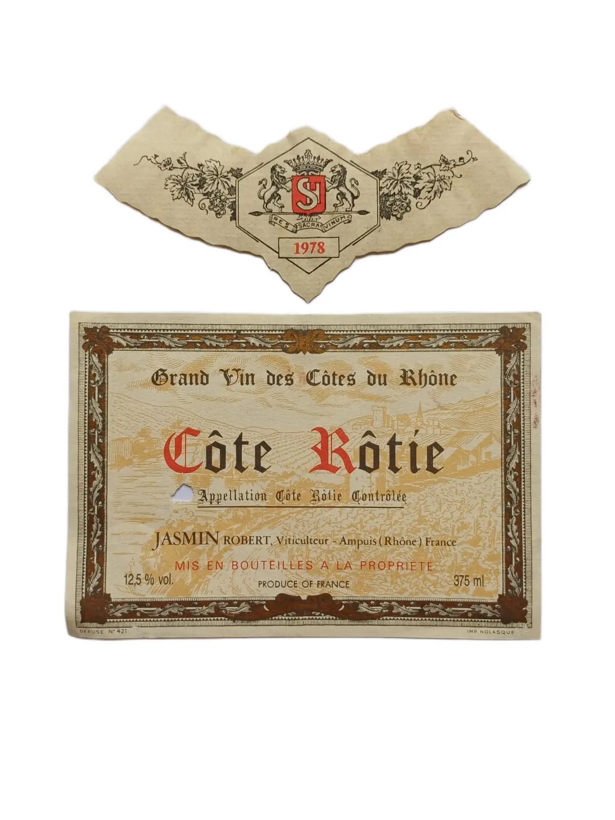 Étiquette vin Côte-Rôtie 1978 – Jasmin Robert Vinaé