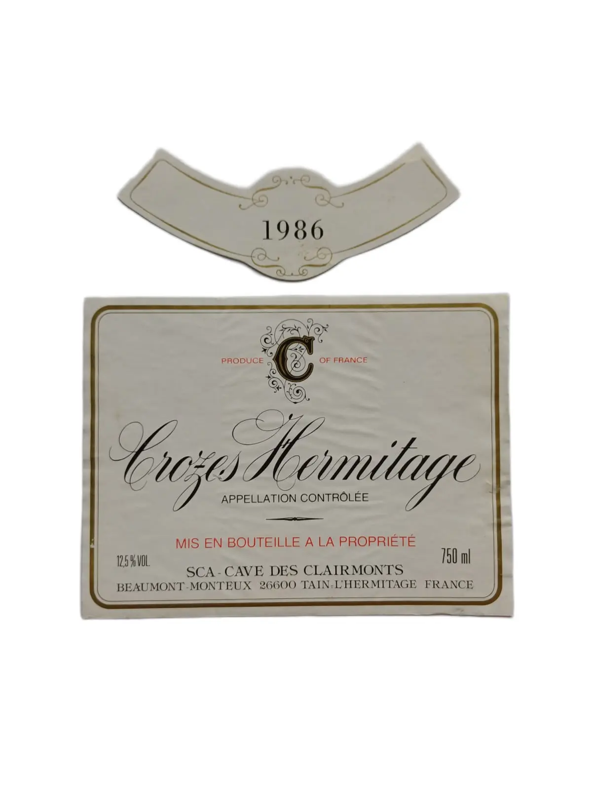 Étiquette vin Crozes-Hermitage 1986 – Clairmonts Vinaé
