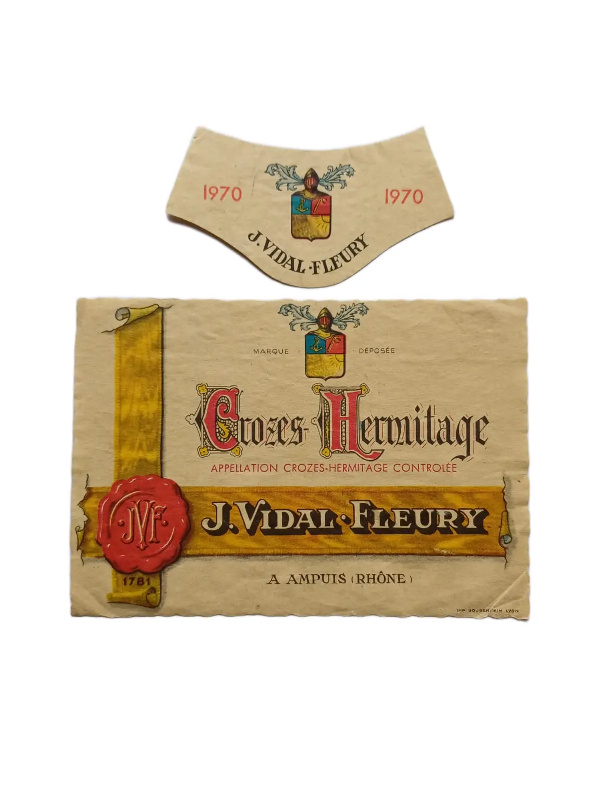 Étiquette vin Crozes-Hermitage 1970 – J.Vidal Fleury Vinaé