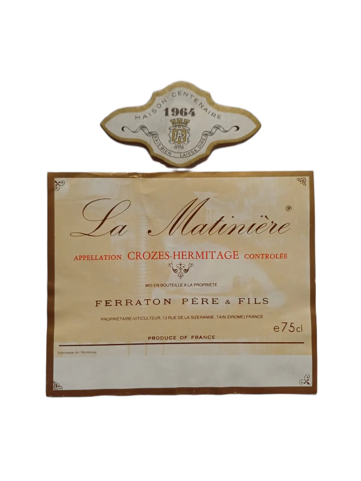Étiquette vin Crozes-Hermitage 1964 – Ferraton Vinaé