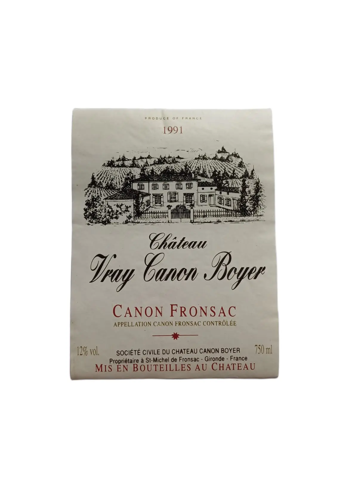 Étiquette vin Canon-Fronsac 1991 – Vray Canon Boyer Vinaé