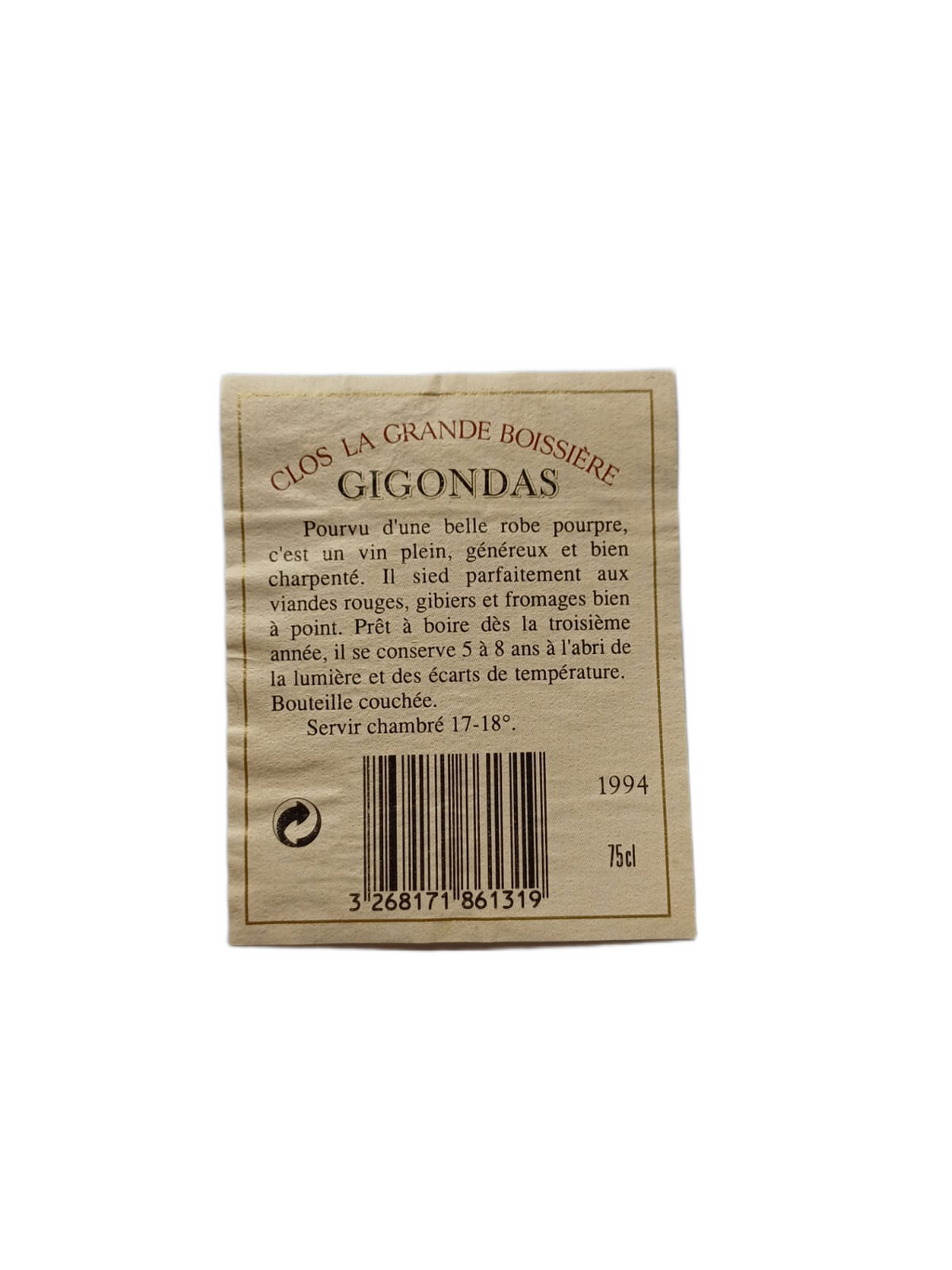 Étiquette vin Gigondas 1994 – Gabriel Rey Vinaé