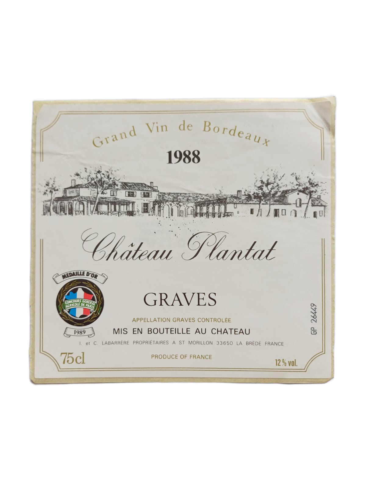 Étiquette vin Graves 1988 – Château Plantat Vinaé