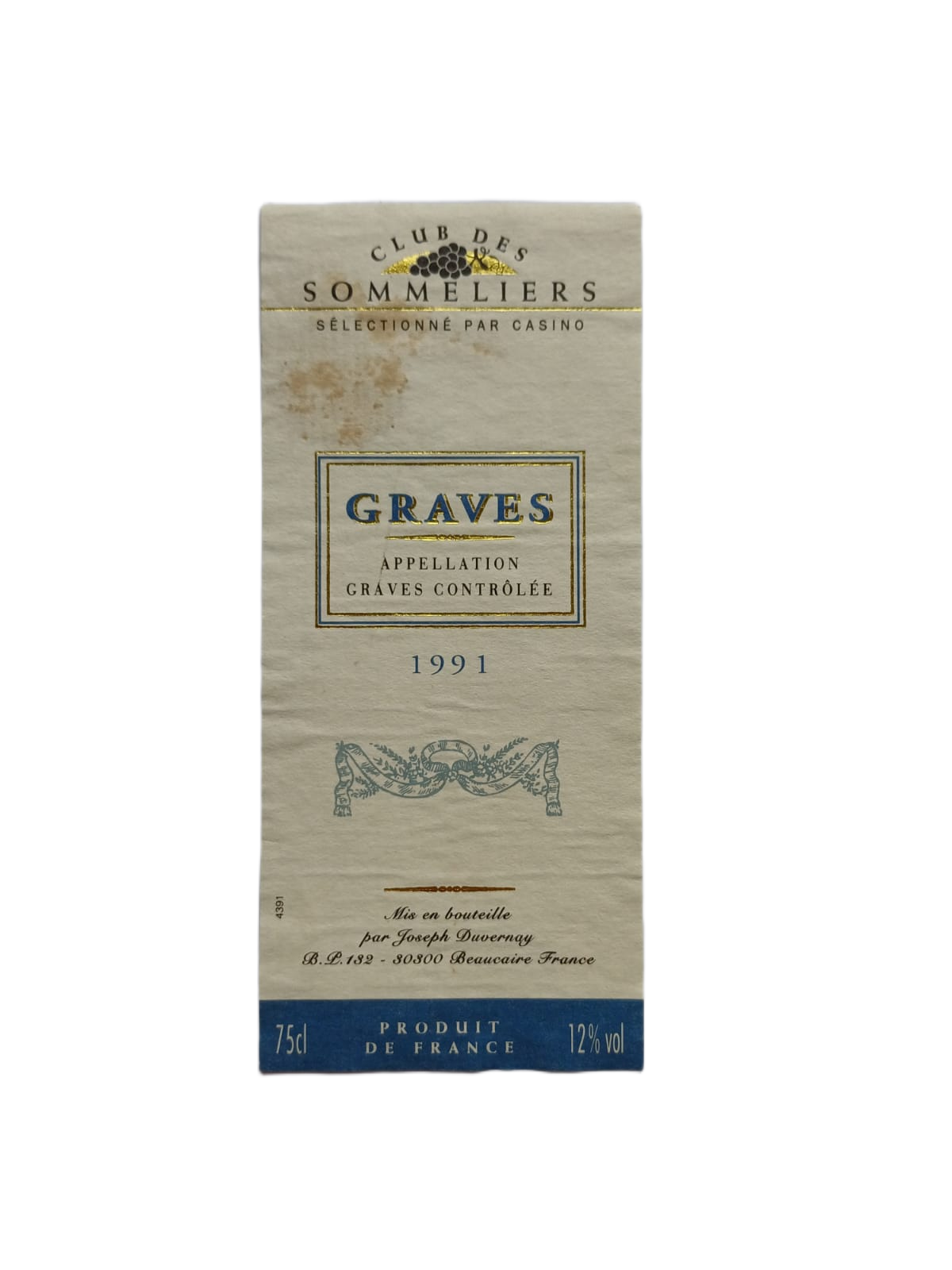 Étiquette vin Graves 1991 – Joseph Duvernay Vinaé
