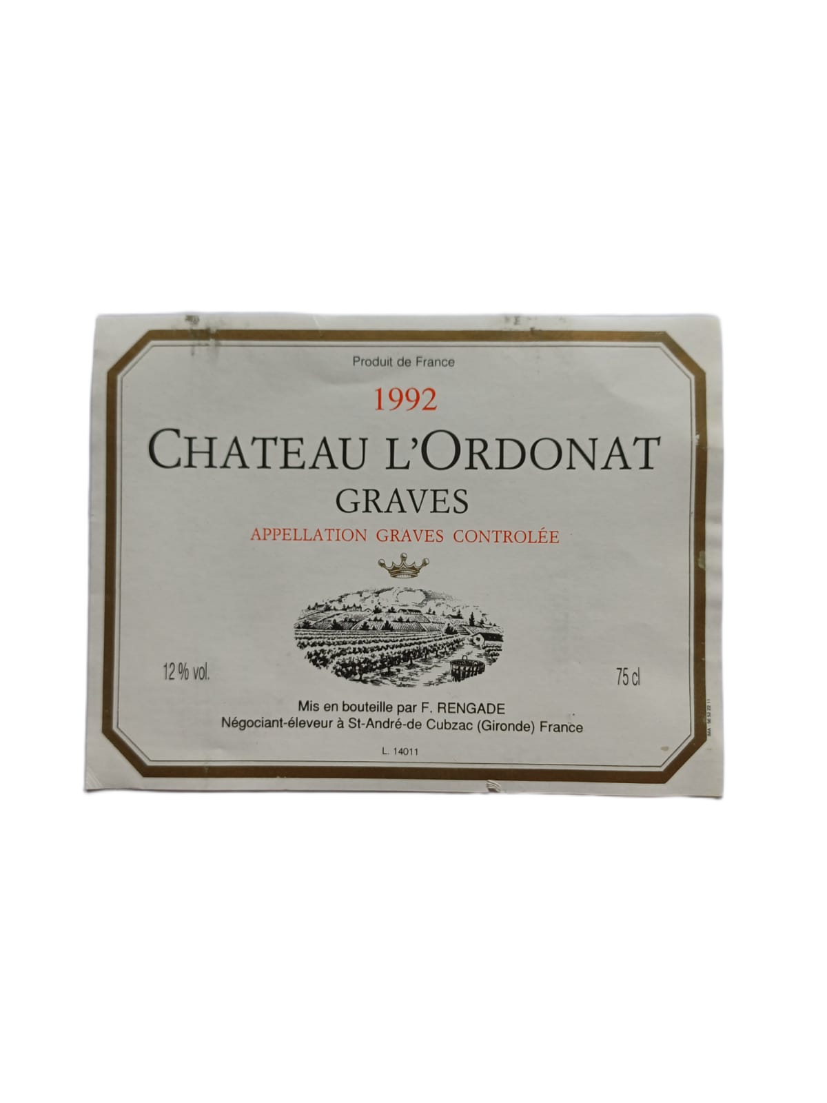 Étiquette vin Graves 1992 – Château l'Ordonat Vinaé