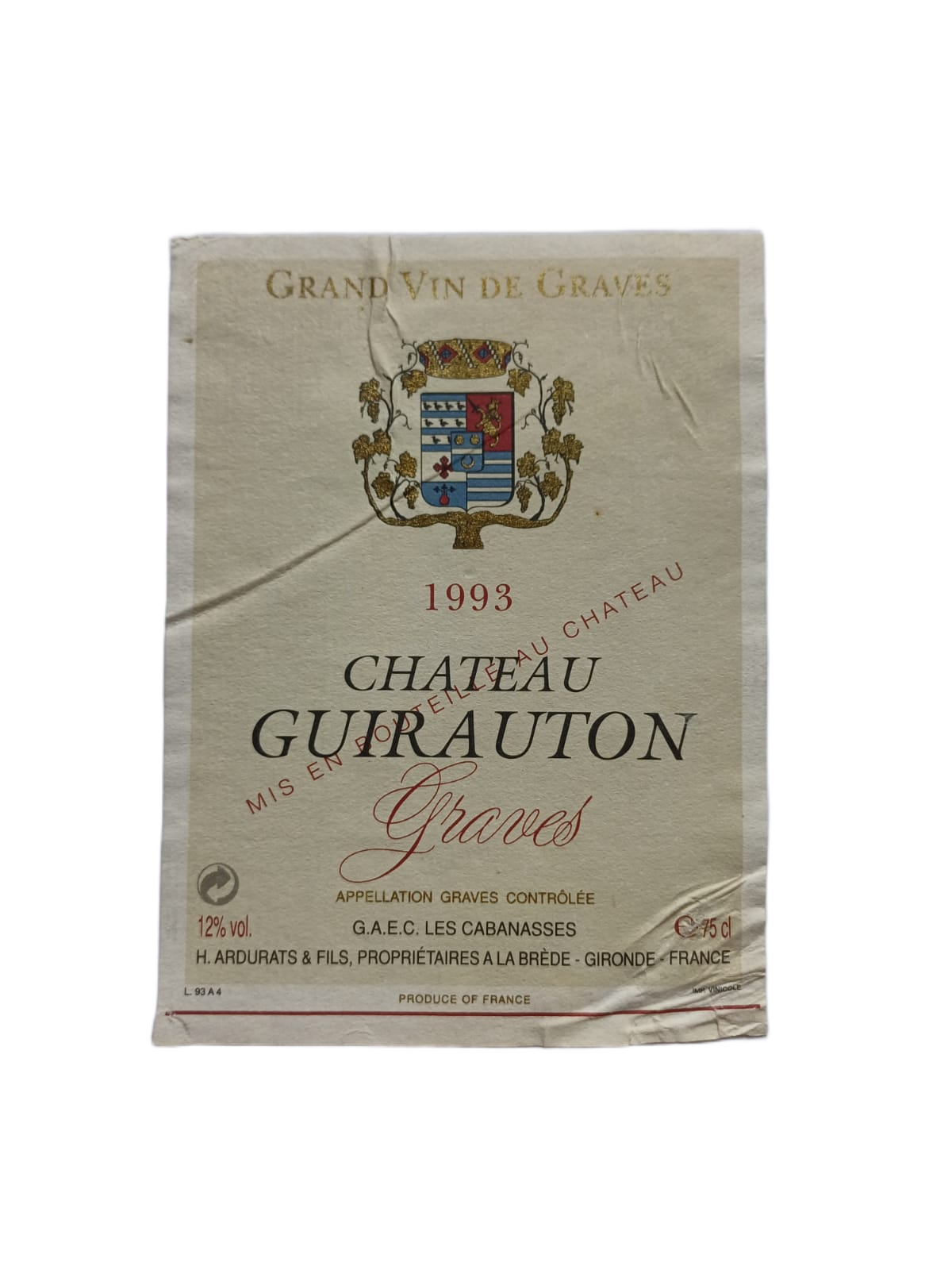 Étiquette vin Graves 1993 – Château Guirauton Vinaé