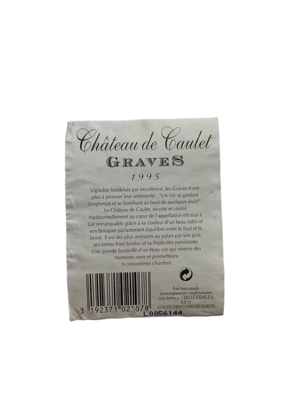 Étiquette vin Graves 1995 – Château de Gaulet Vinaé