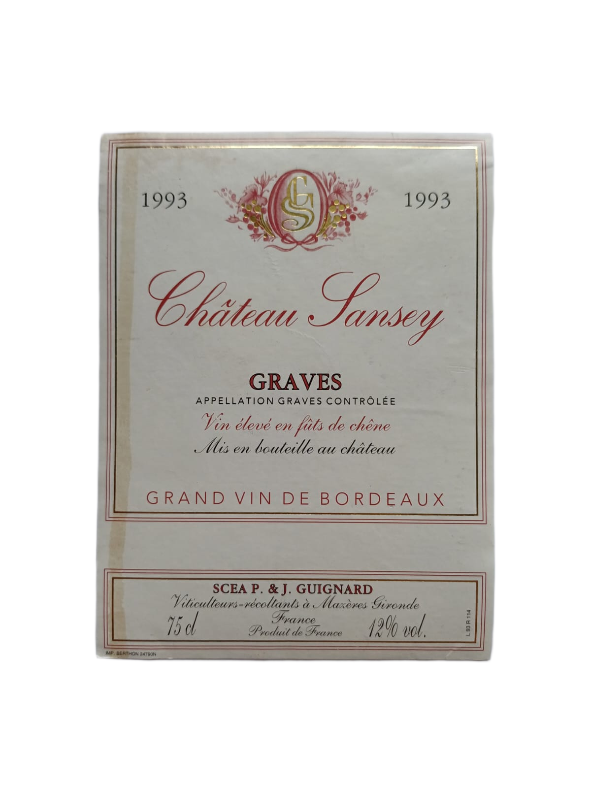 Étiquette vin Graves 1993 – Château Lansey Vinaé