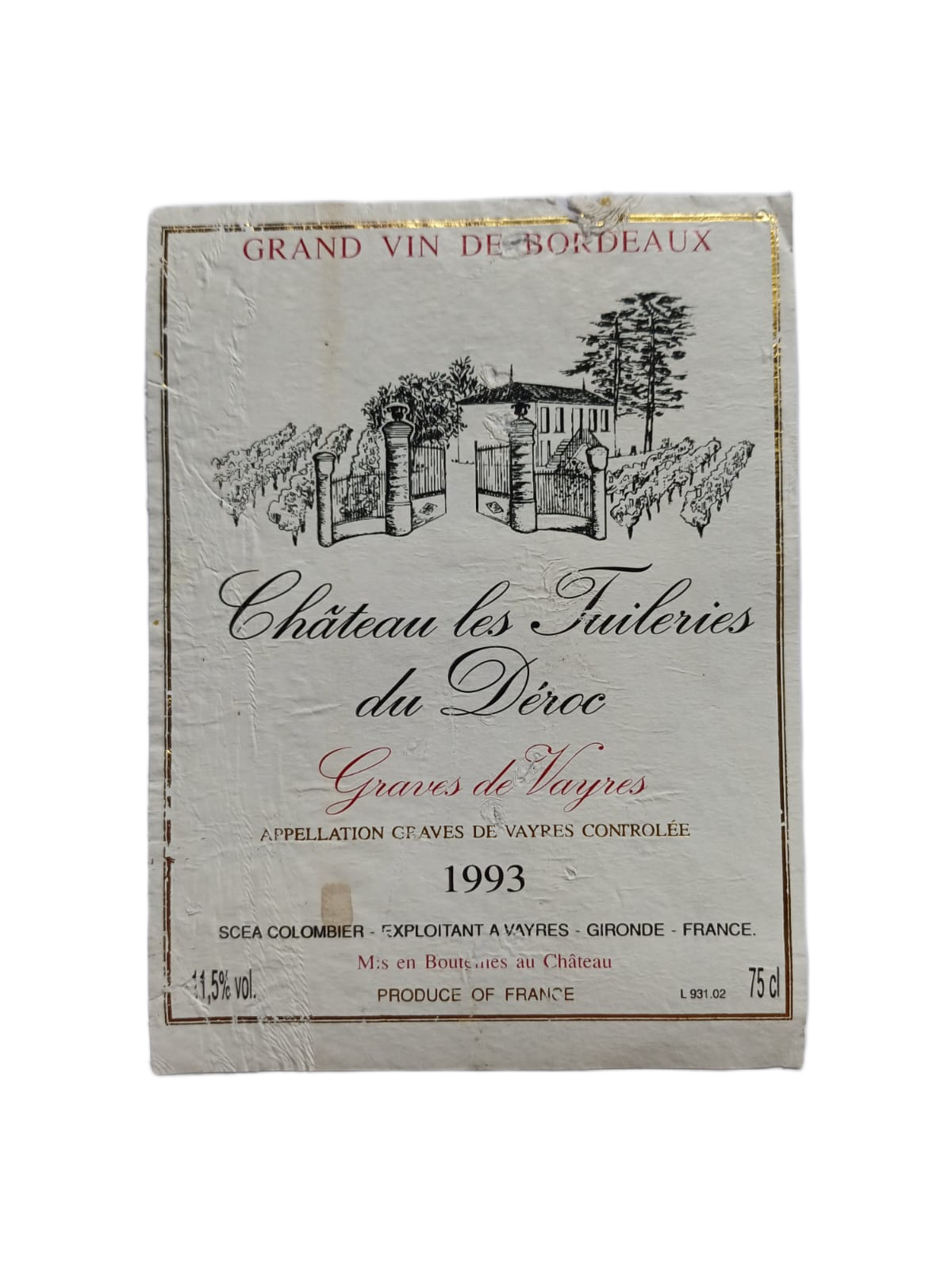 Étiquette vin Graves 1993 – Château les Tuileries du Déroc Vinaé