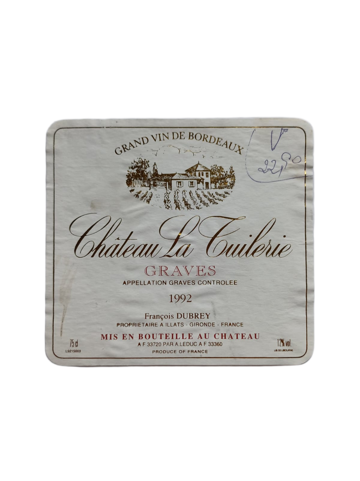 Étiquette vin Graves 1992 – Château La Tuilerie Vinaé