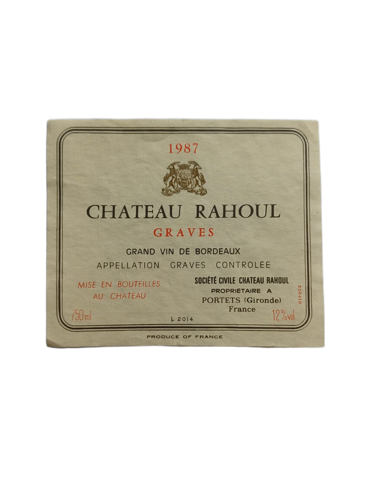 Étiquette vin Graves 1987 – Château Rahoul Vinaé