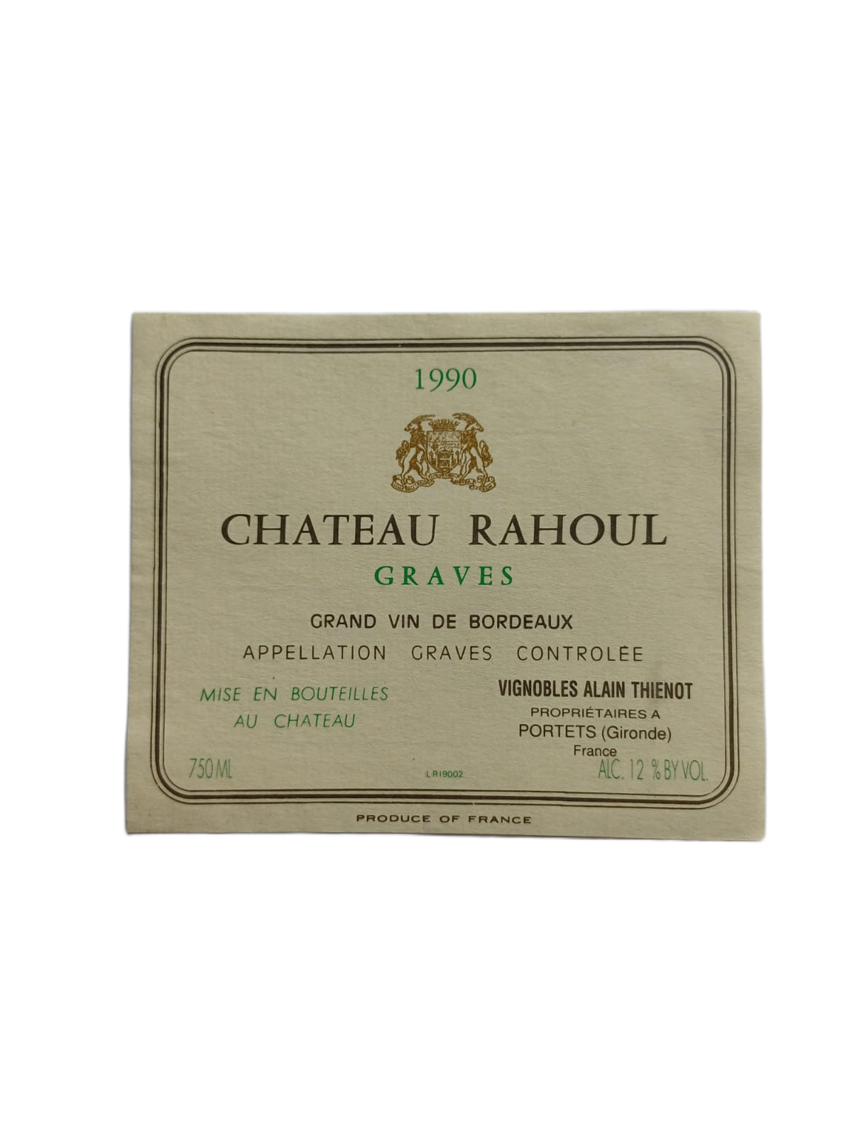 Étiquette vin Graves 1990 – Château Rahoul Vinaé