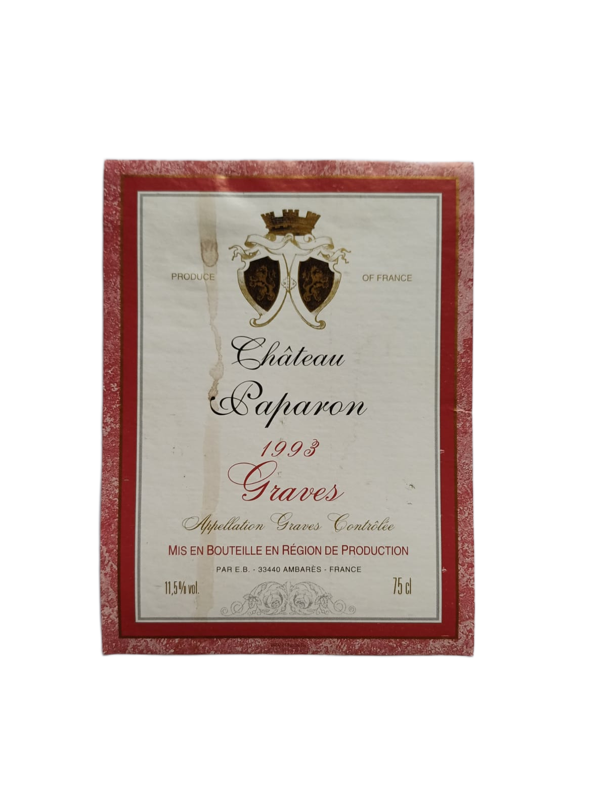 Étiquette vin Graves 1993 – Château Gaparon Vinaé