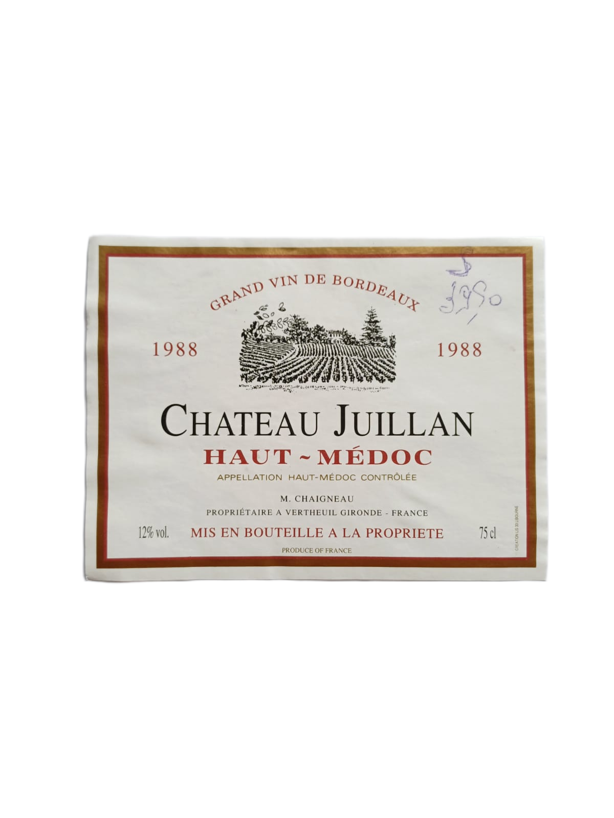 Étiquette vin Haut-Médoc 1988 – Château Juillan Vinaé