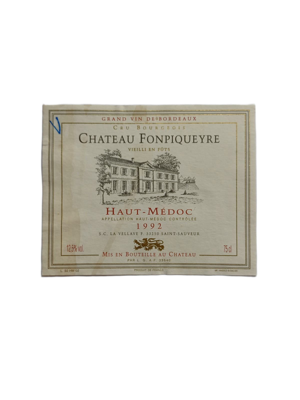 Étiquette vin Haut-Médoc 1992 – Château Fonpiqueyre Vinaé