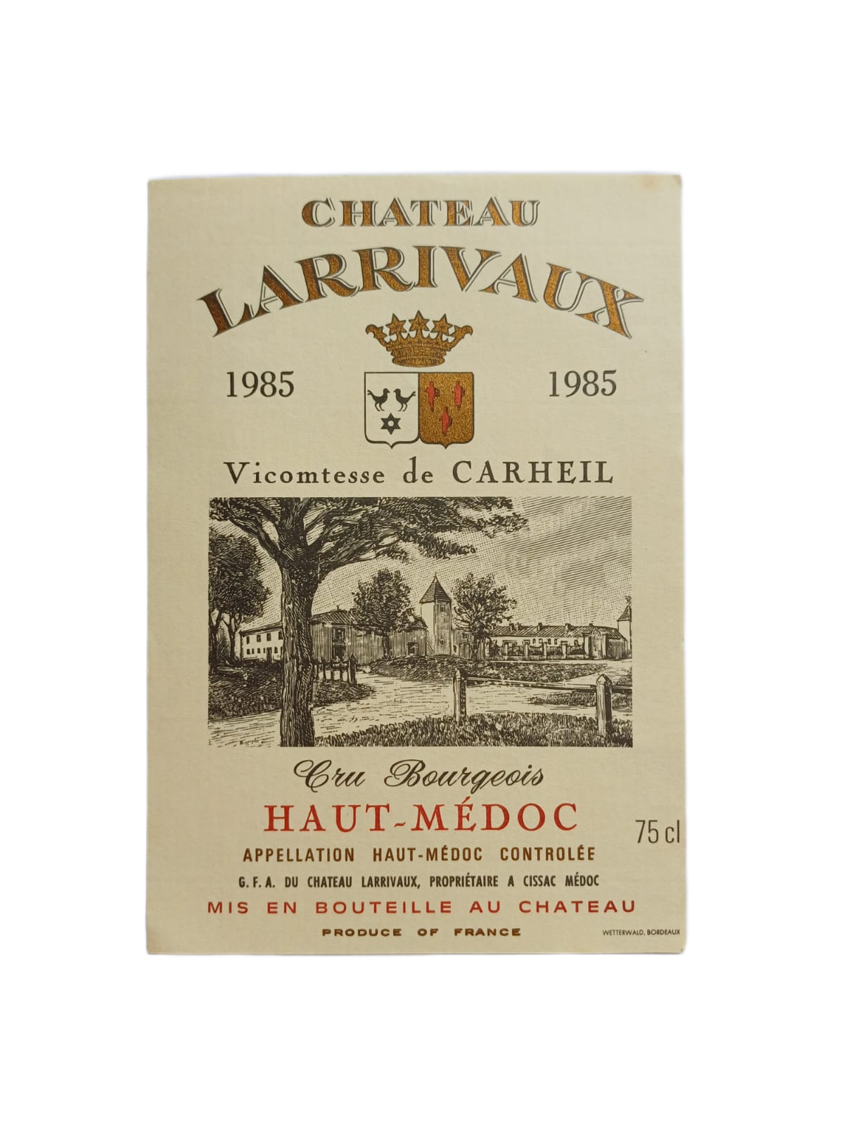 Étiquette vin Haut-Médoc 1985 – Château Larrivaux Vinaé