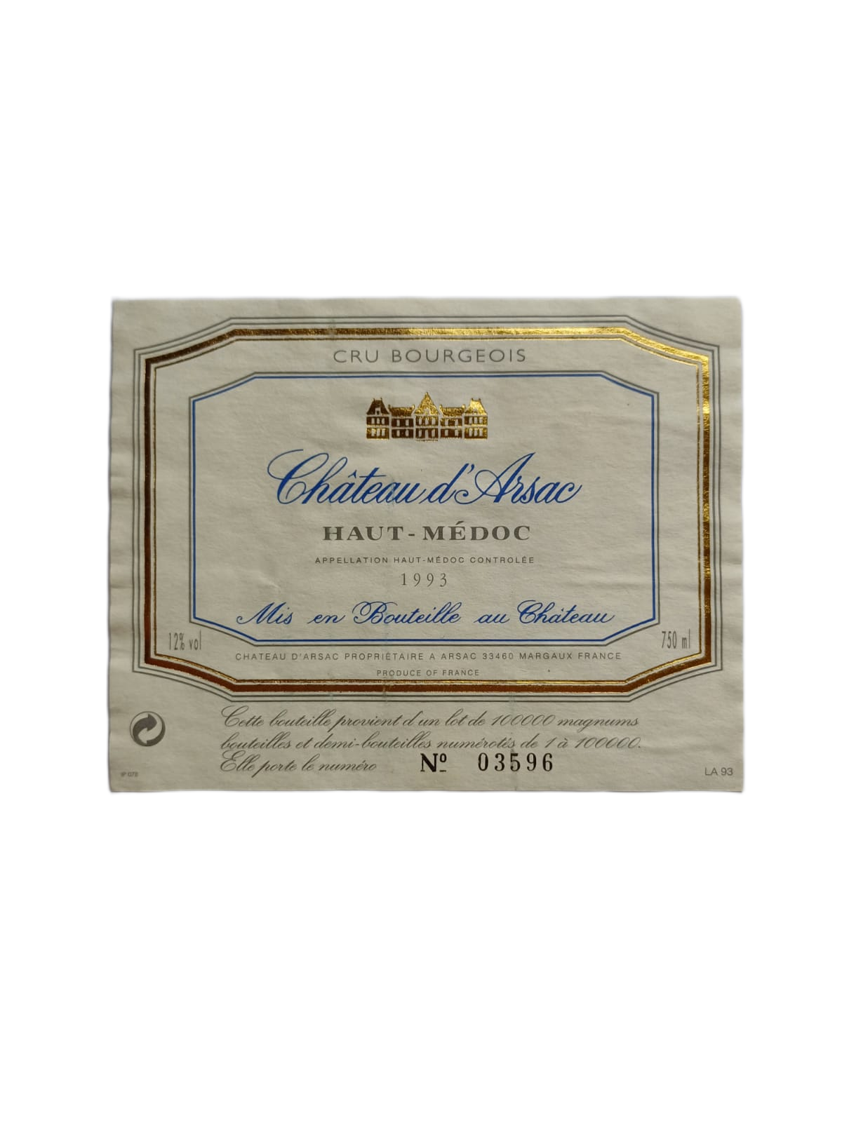 Étiquette vin Haut-Médoc 1993 – Château d'Arsac Vinaé