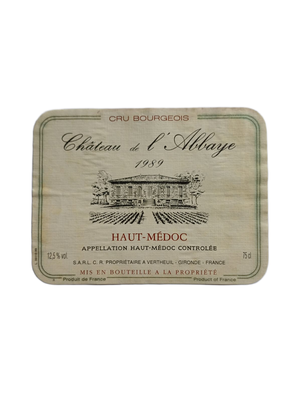 Étiquette vin Haut-Médoc 1989 – Château l'Abbaye Vinaé