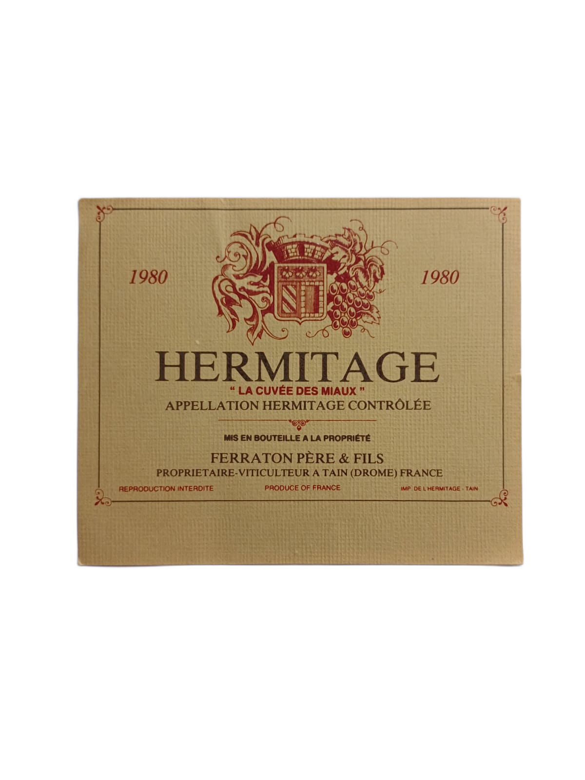 Étiquette vin Hermitage 1980 – Ferraton père et fils Vinaé