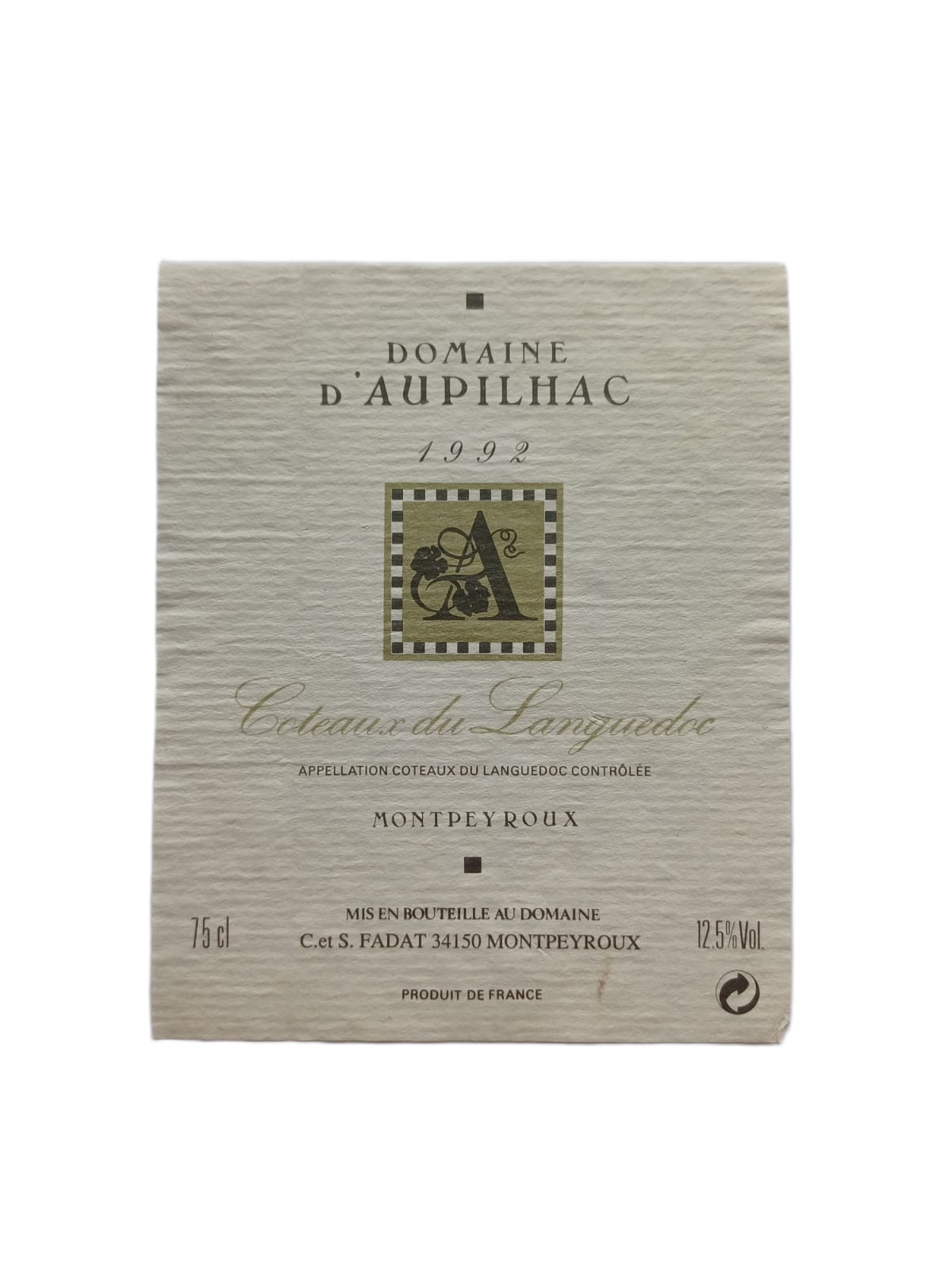 Étiquette vin Languedoc 1992 – Domaine d'Aupilhac Vinaé