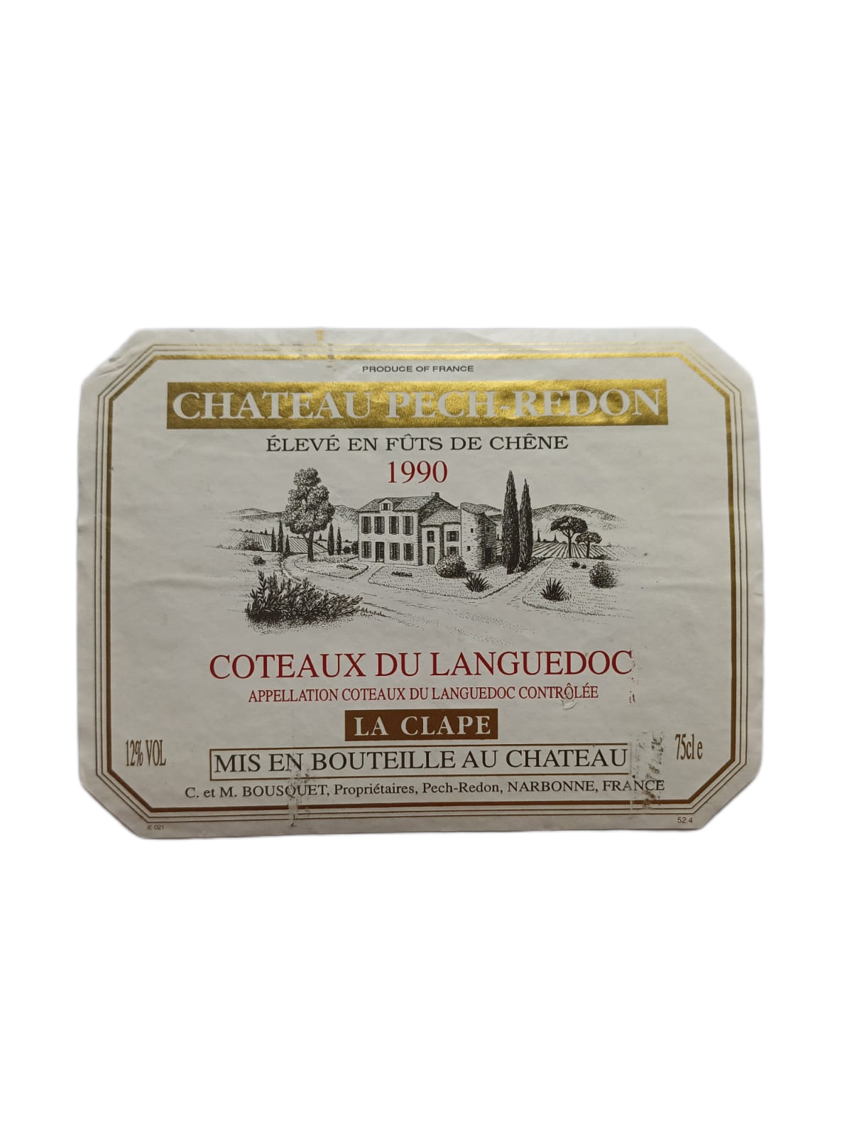 Étiquette vin Languedoc 1990 – Château Pech-Redon Vinaé
