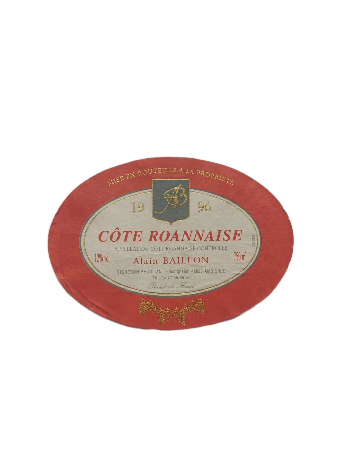 Étiquette vin Côte Roannaise 1996 – Alain Baillon Vinaé