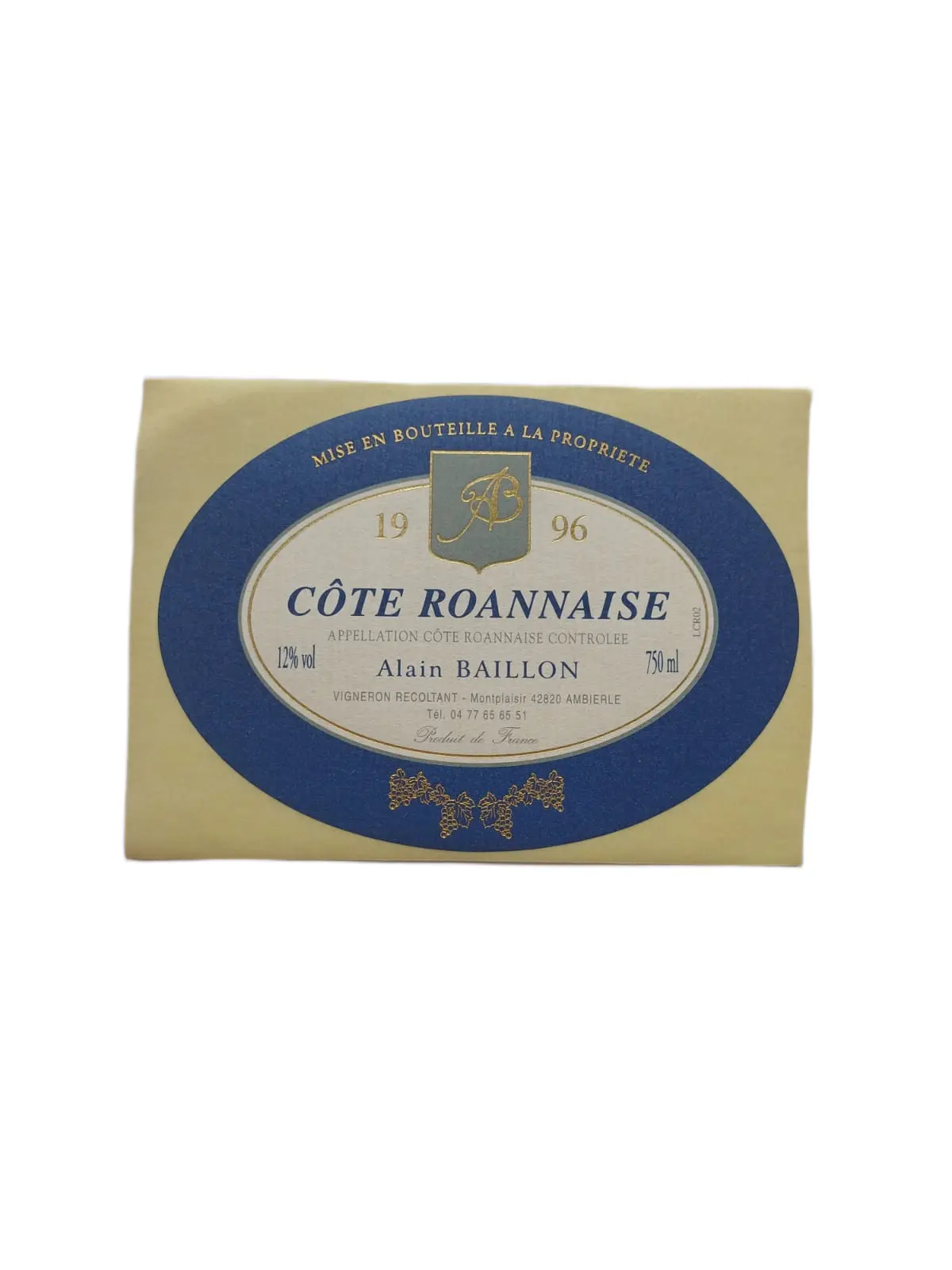 Étiquette vin Côte Roannaise 1996 – Alain Baillon Vinaé