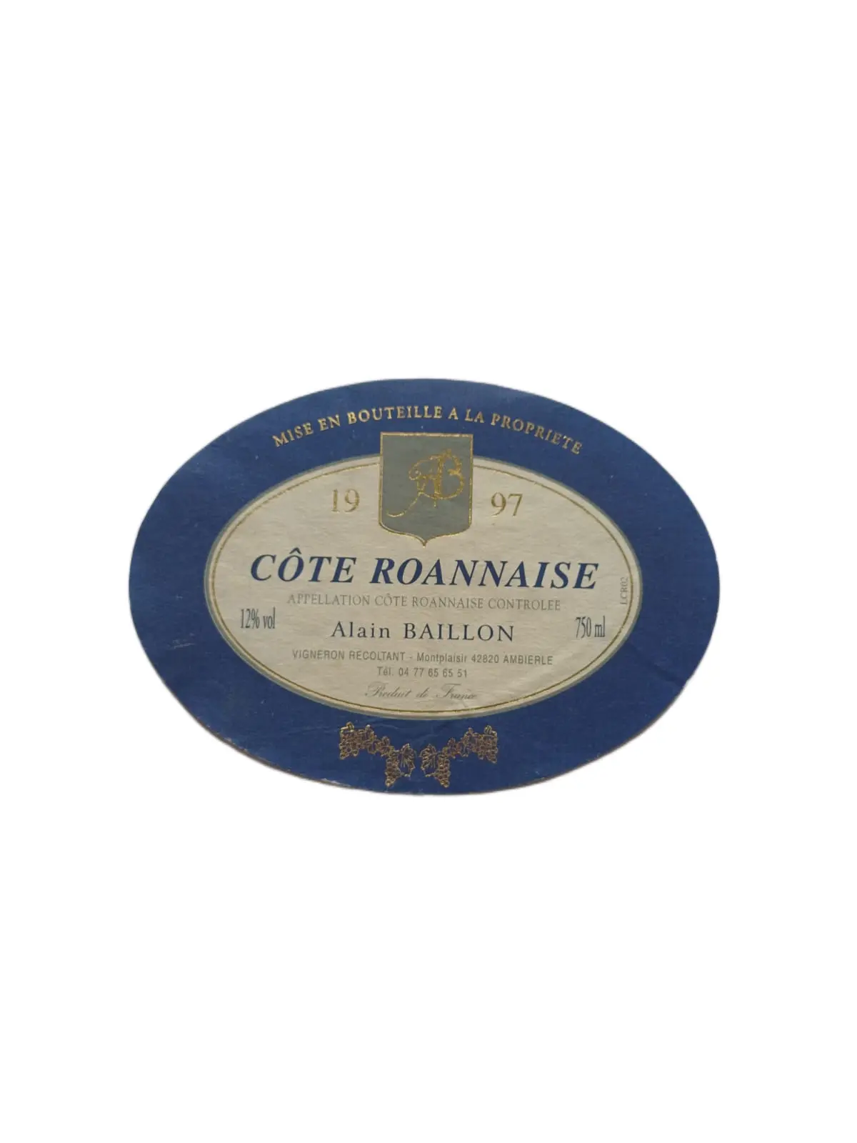 Étiquette vin Côte Roannaise 1997 – Alain Baillon Vinaé