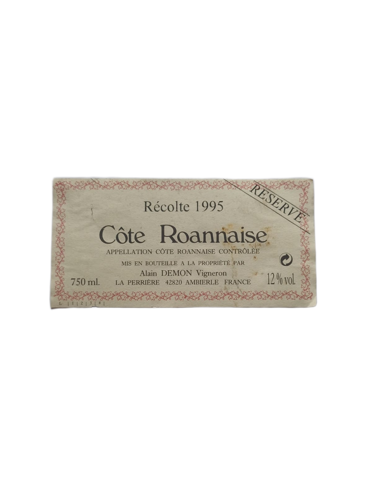 Étiquette vin Côte Roannaise 1995 – Alain Demon Vinaé