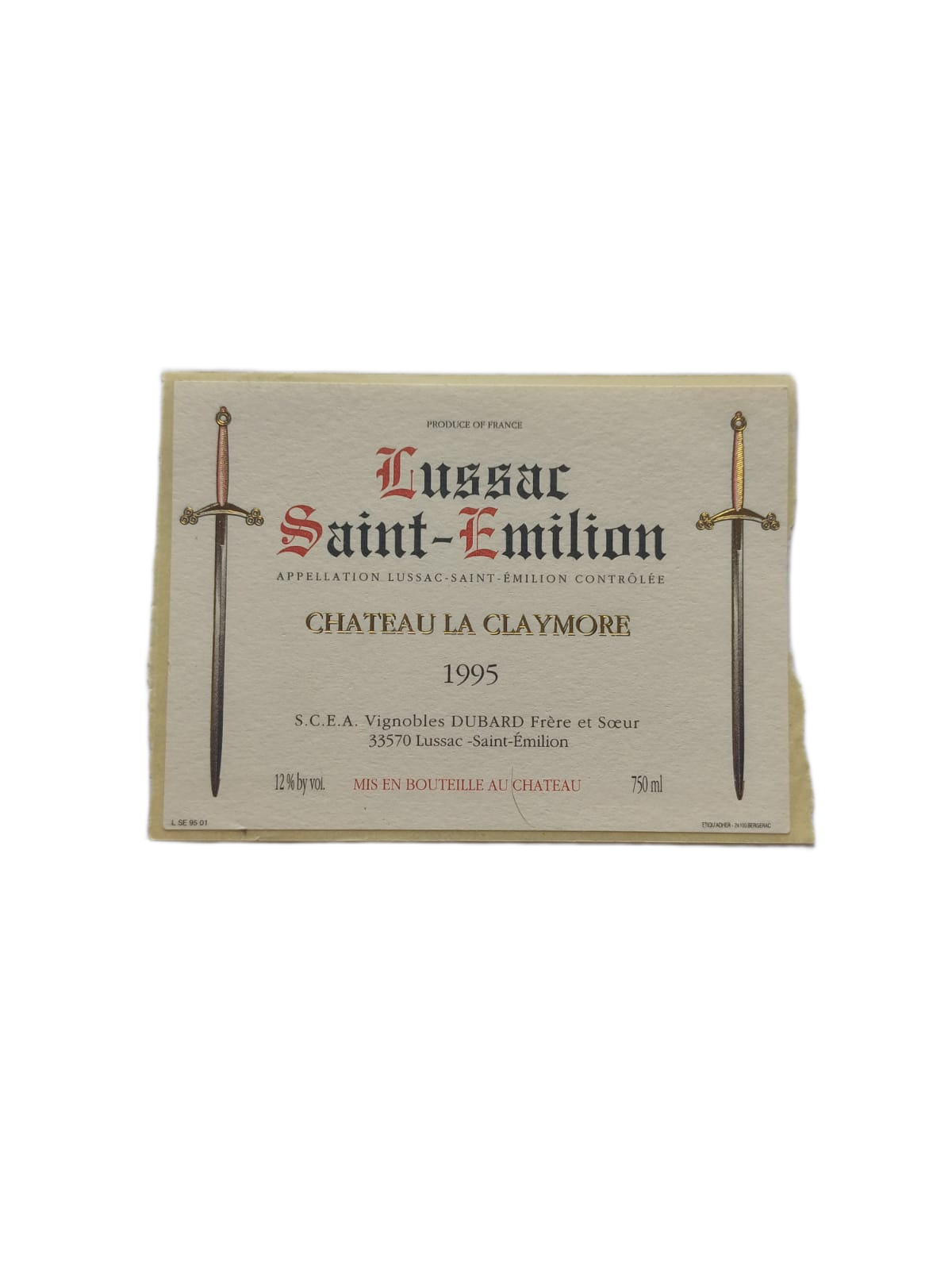 Étiquette vin Lussac Saint-Émilion 1995 – Château La Claymore Vinaé
