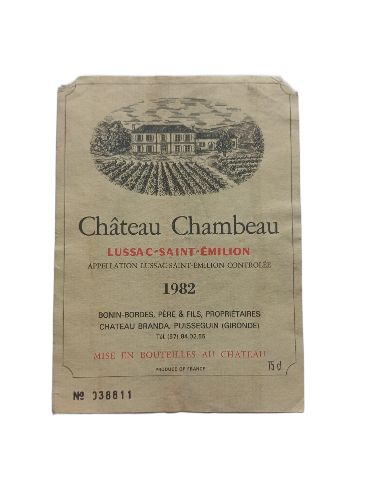 Étiquette vin Lussac Saint-Émilion 1982 – Château Chambeau Vinaé