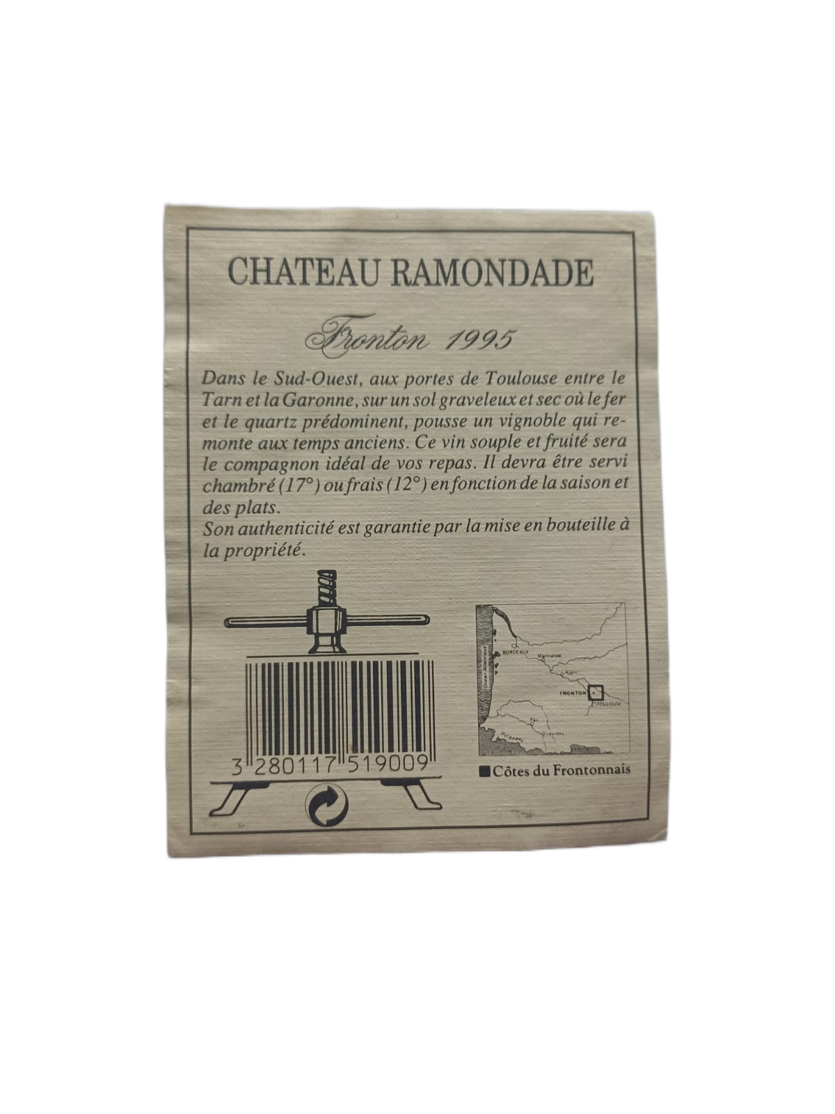 Étiquette vin Fronton 1995 – Château Ramondade Vinaé