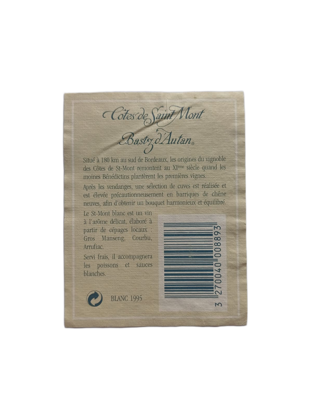 Étiquette vin Gers 1995 – Côtes de Saint Mont Vinaé