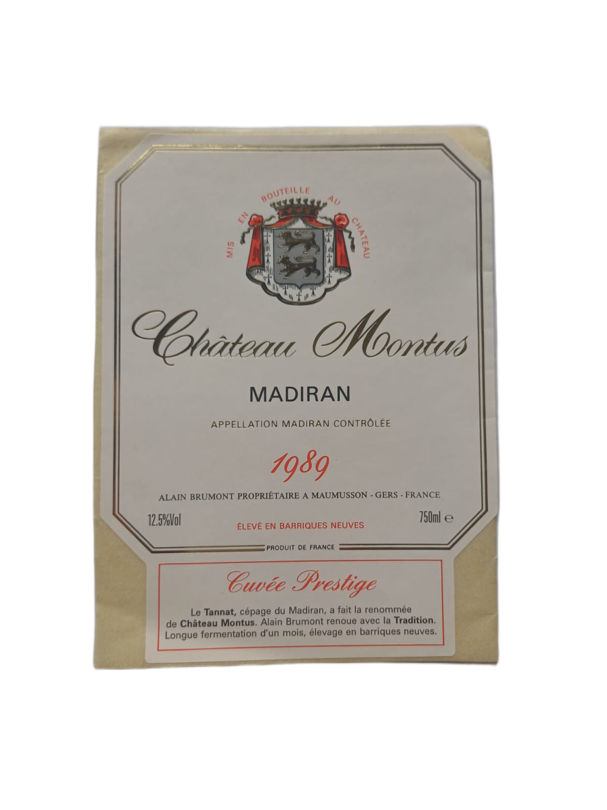 Étiquette vin Gers 1989 – Château Montus Madiran Vinaé