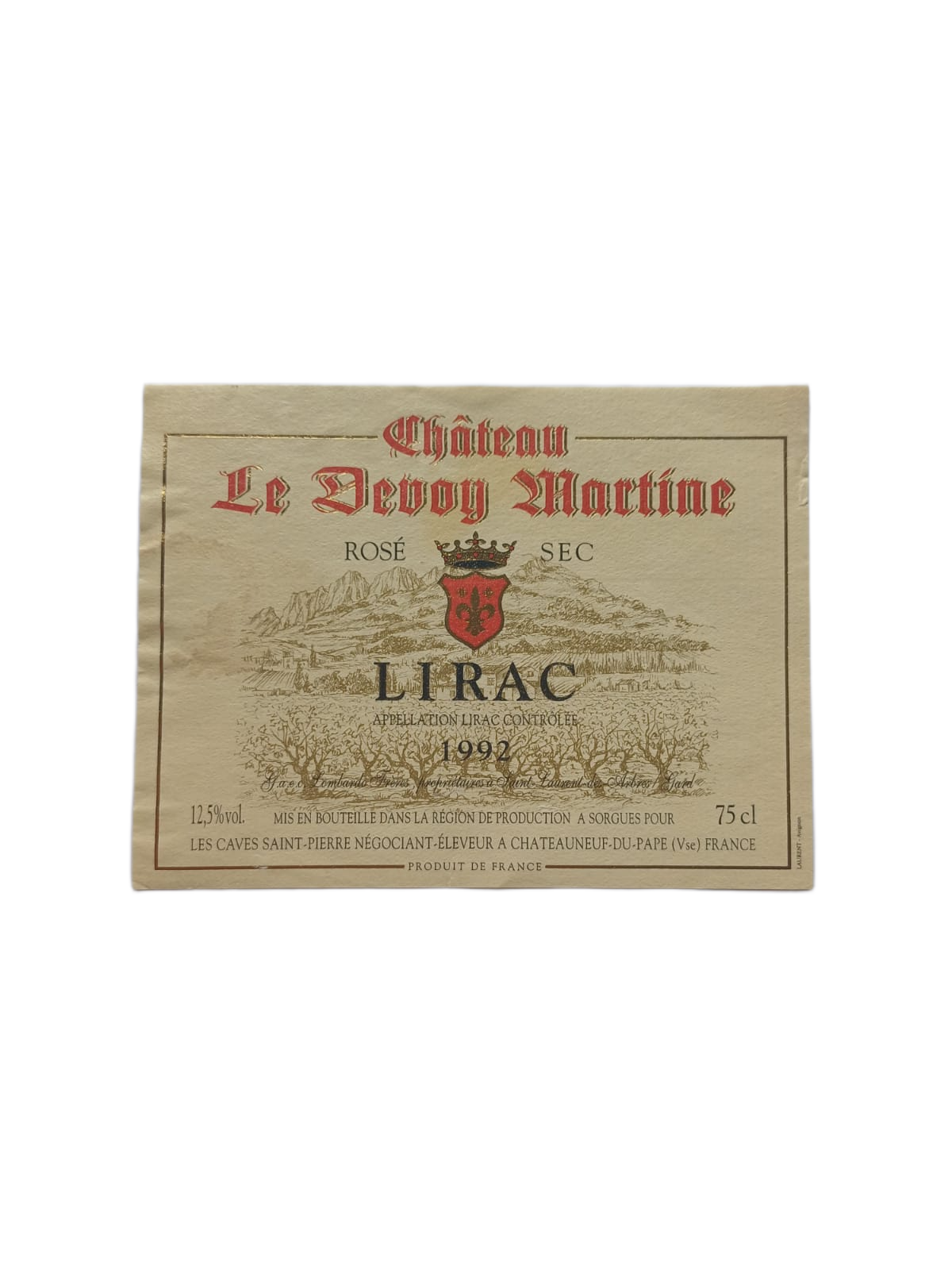 Étiquette vin Lirac 1992 – Château Le Devoy Martine Vinaé