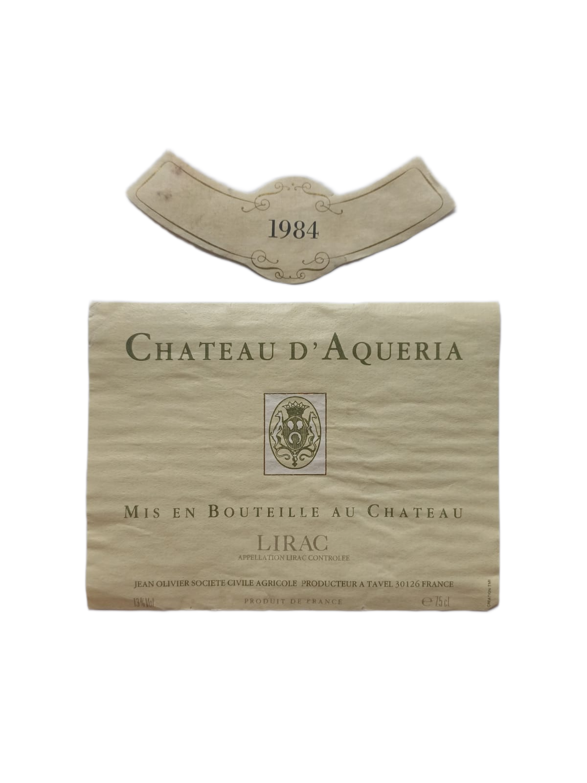 Étiquette vin Lirac 1984 – Château d'Aqueria Vinaé