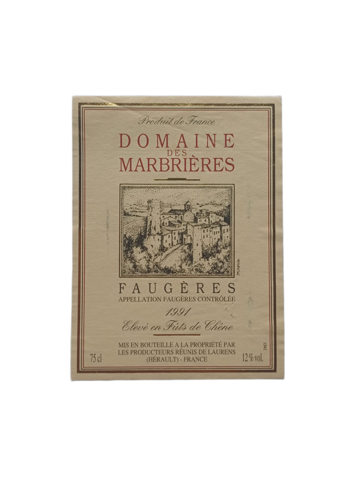 Étiquette vin Faugères 1991 – Domaine des Marbrières Vinaé