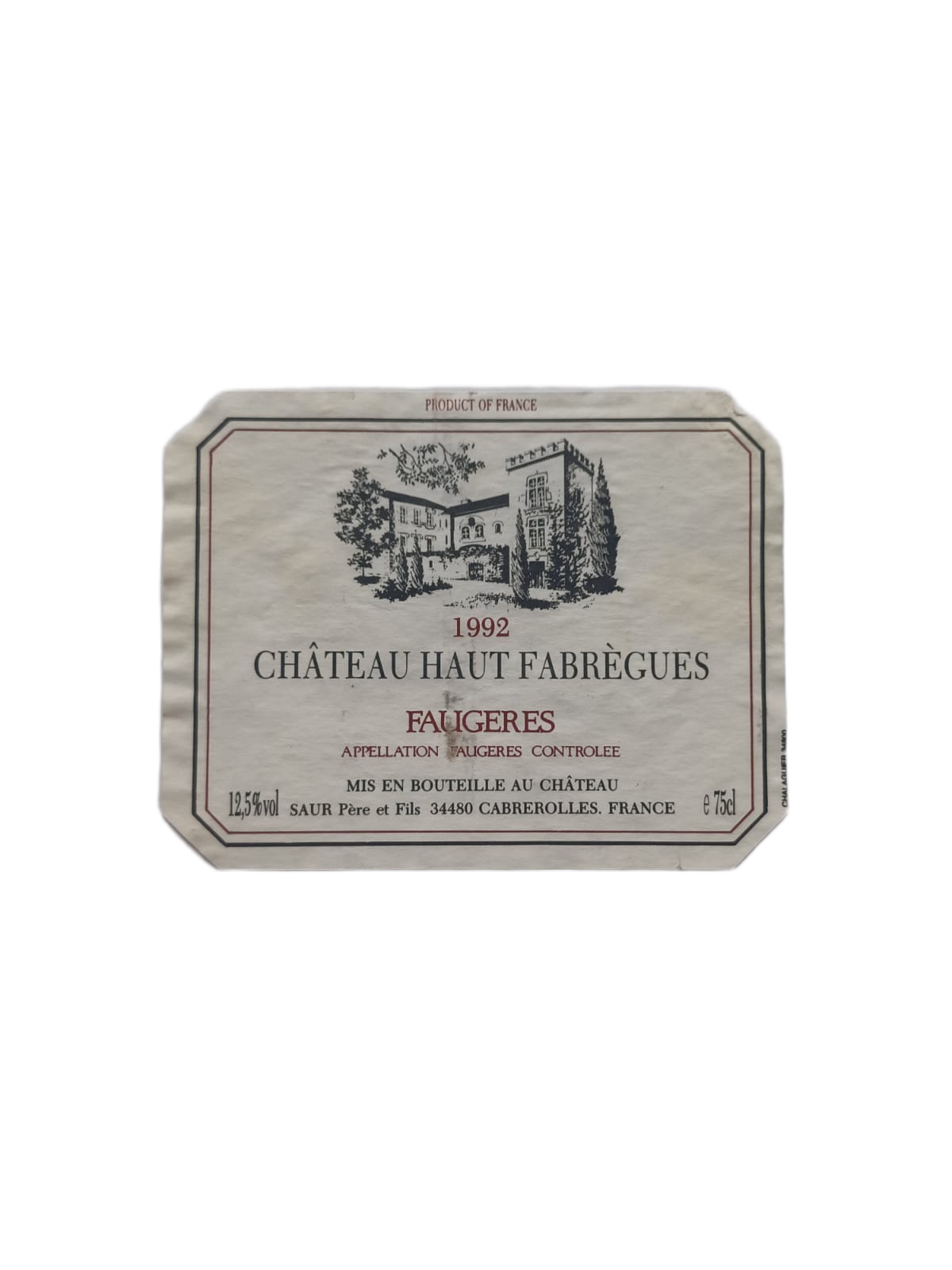 Étiquette vin Faugères 1992 – Château Haut Fabrègues Vinaé