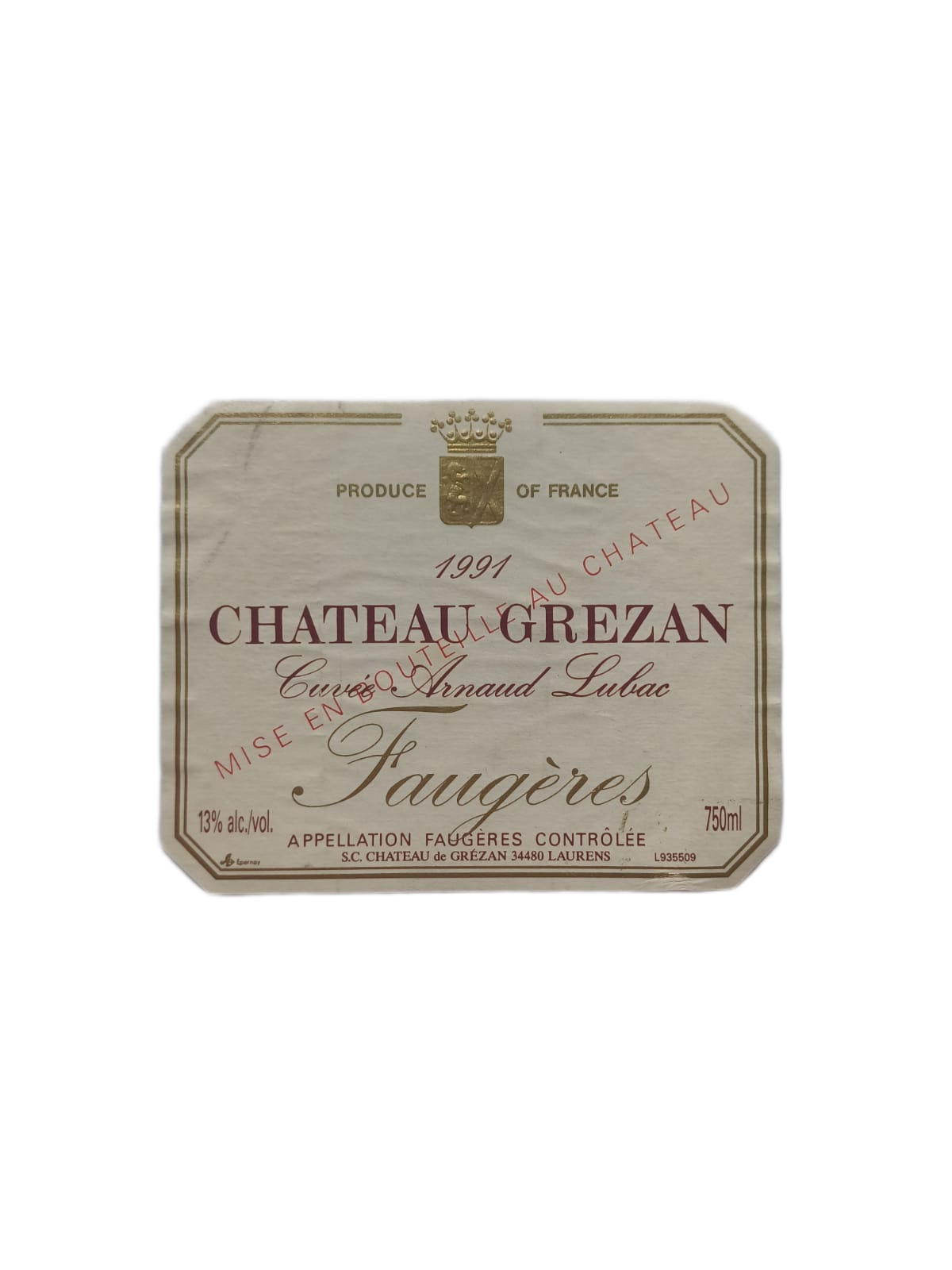 Étiquette vin Faugères 1991 – Château Grezan Vinaé
