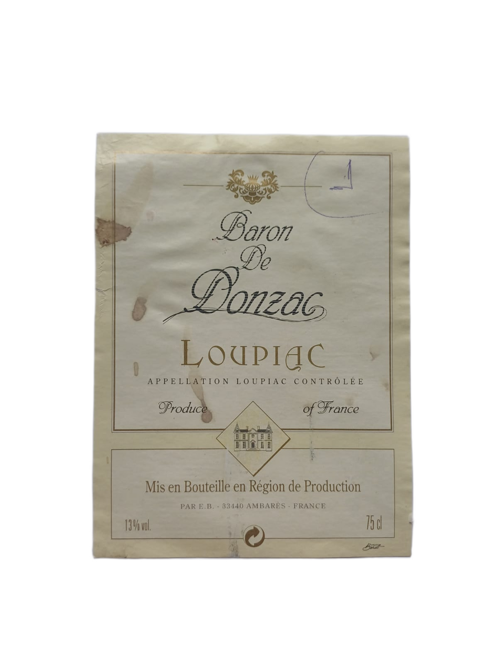 Étiquette vin Loupiac – Baron de Donzac Vinaé