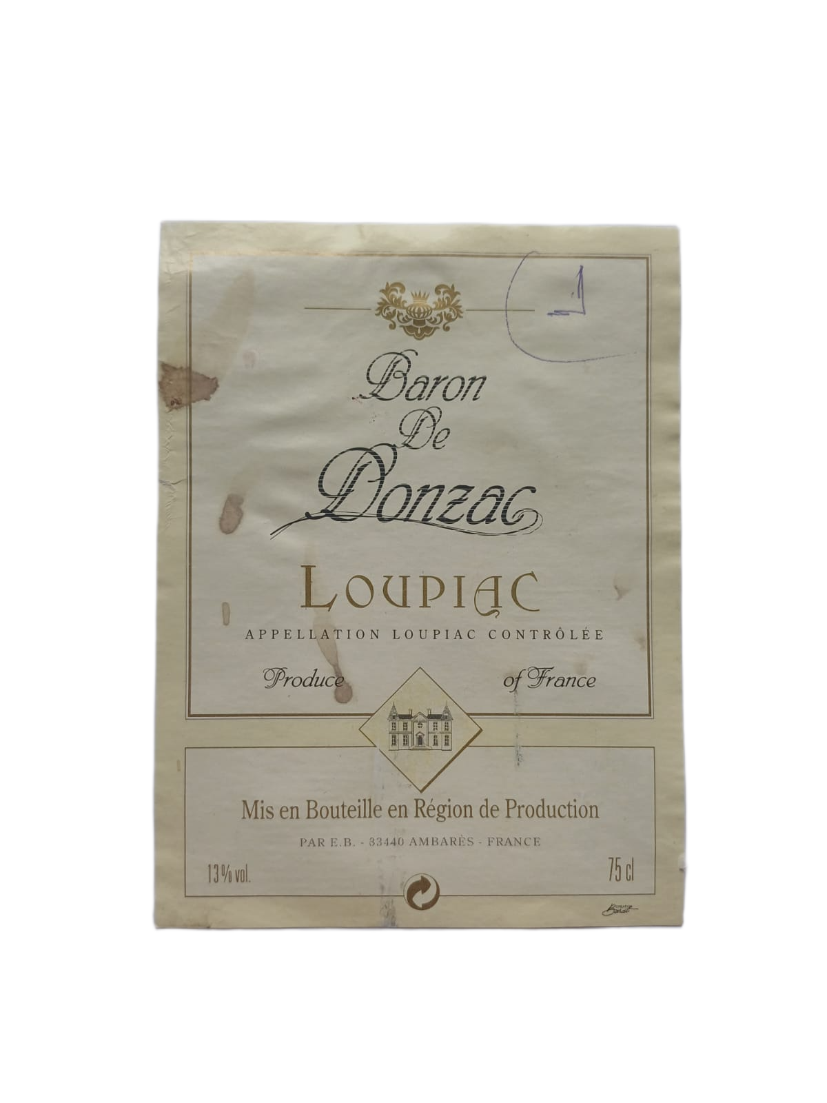 Étiquette vin Loupiac – Baron de Donzac Vinaé