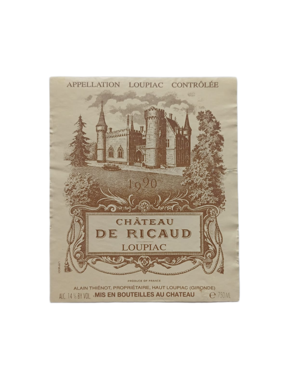 Étiquette vin Loupiac 1990 – Château de Ricaud Vinaé