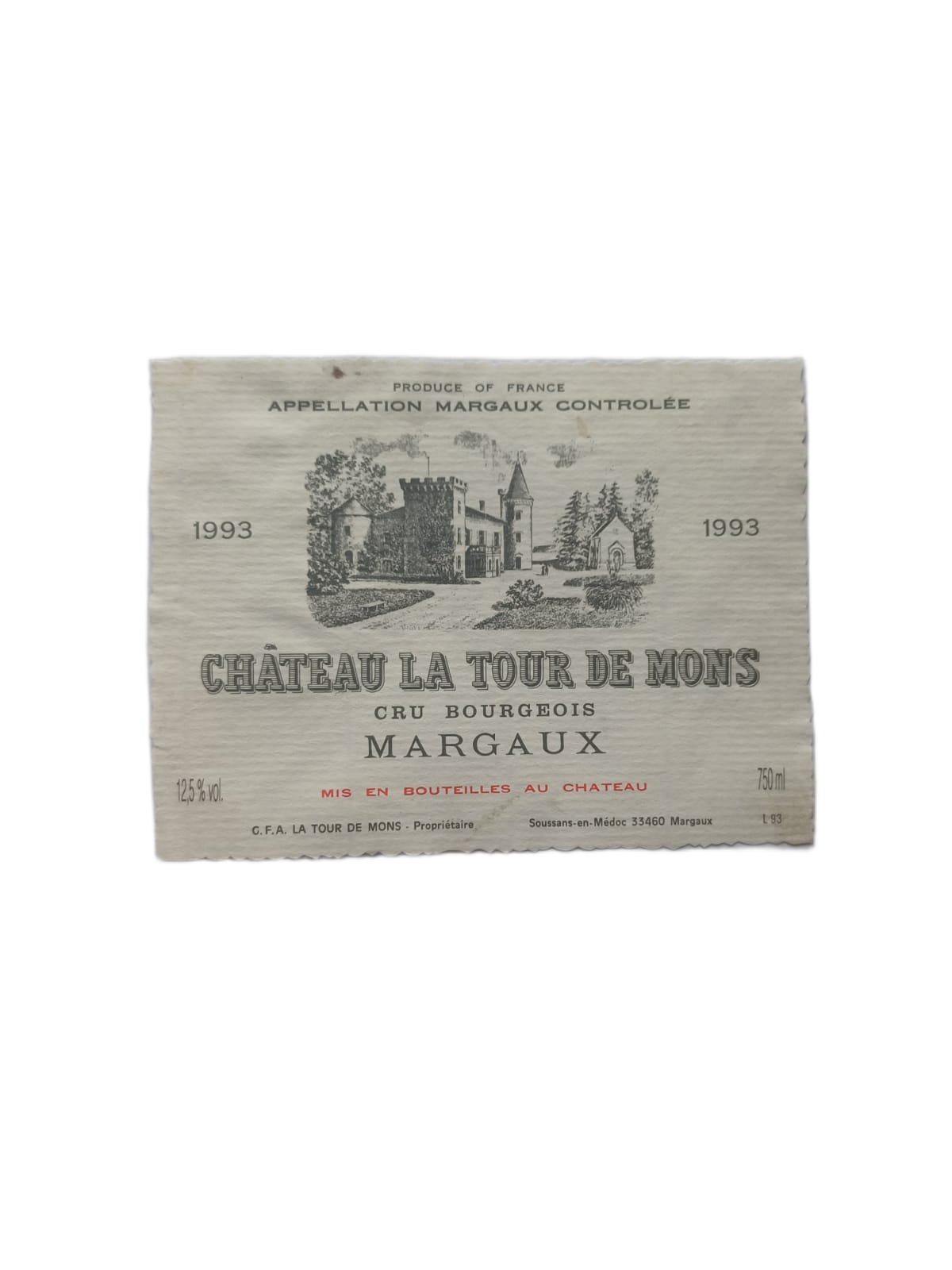 Étiquette vin Margaux 1993 –  Château La Tour de Mons Vinaé