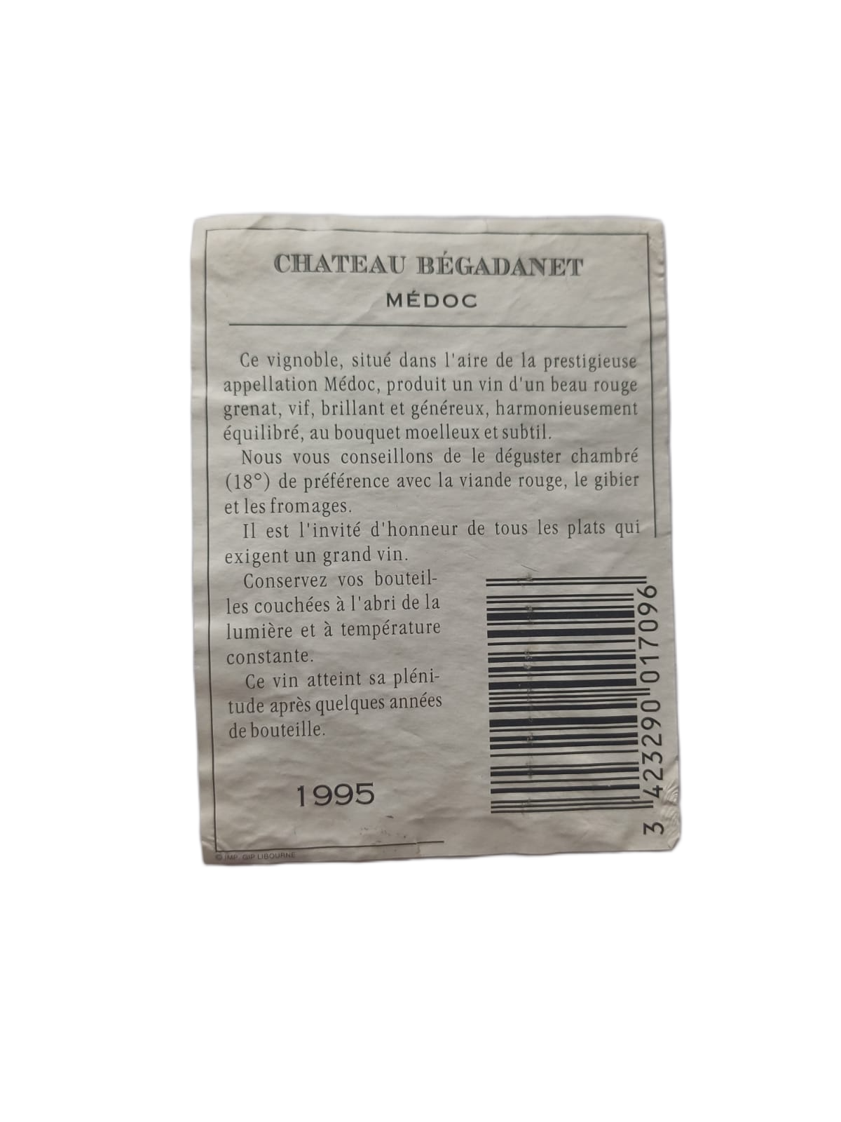 Étiquette vin Médoc 1995 – Château Bégadanet Vinaé