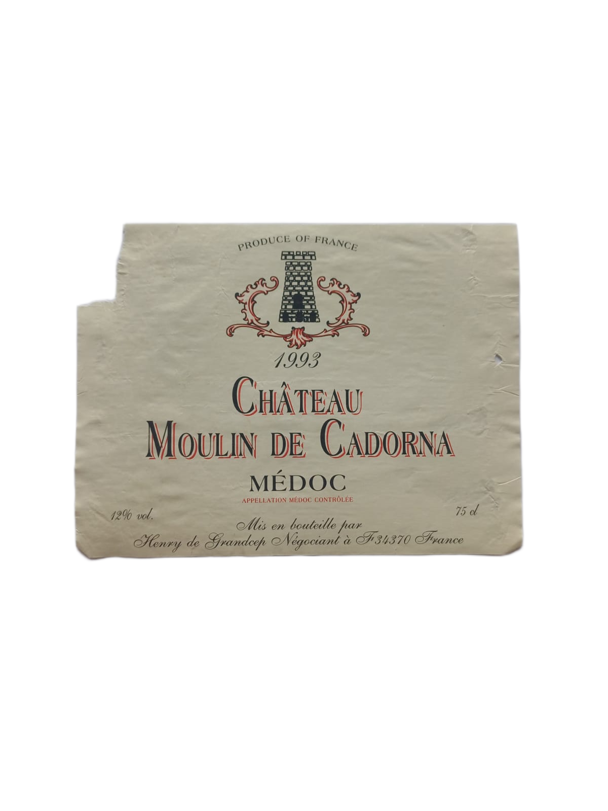 Étiquette vin Médoc 1993 – Château Moulin de Cadorna Vinaé