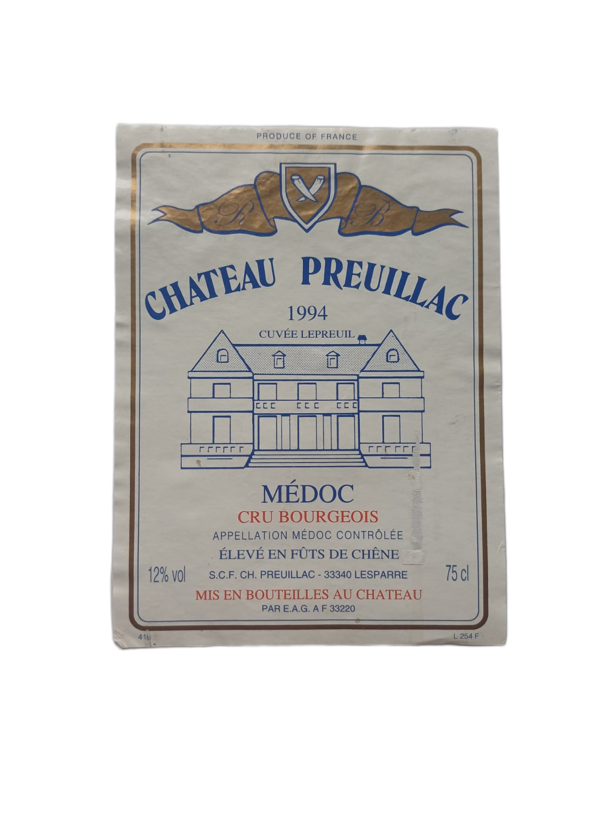 Étiquette vin Médoc 1994 – Château Preuillac Vinaé