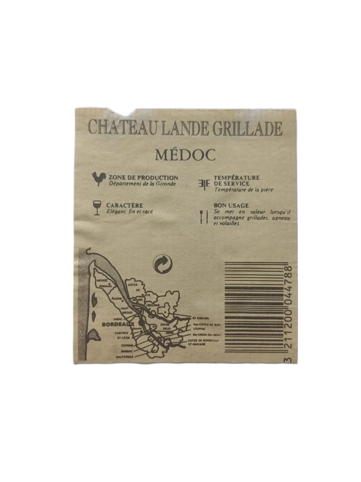 Étiquette vin Médoc 1993 – Château Lande Grillade Vinaé