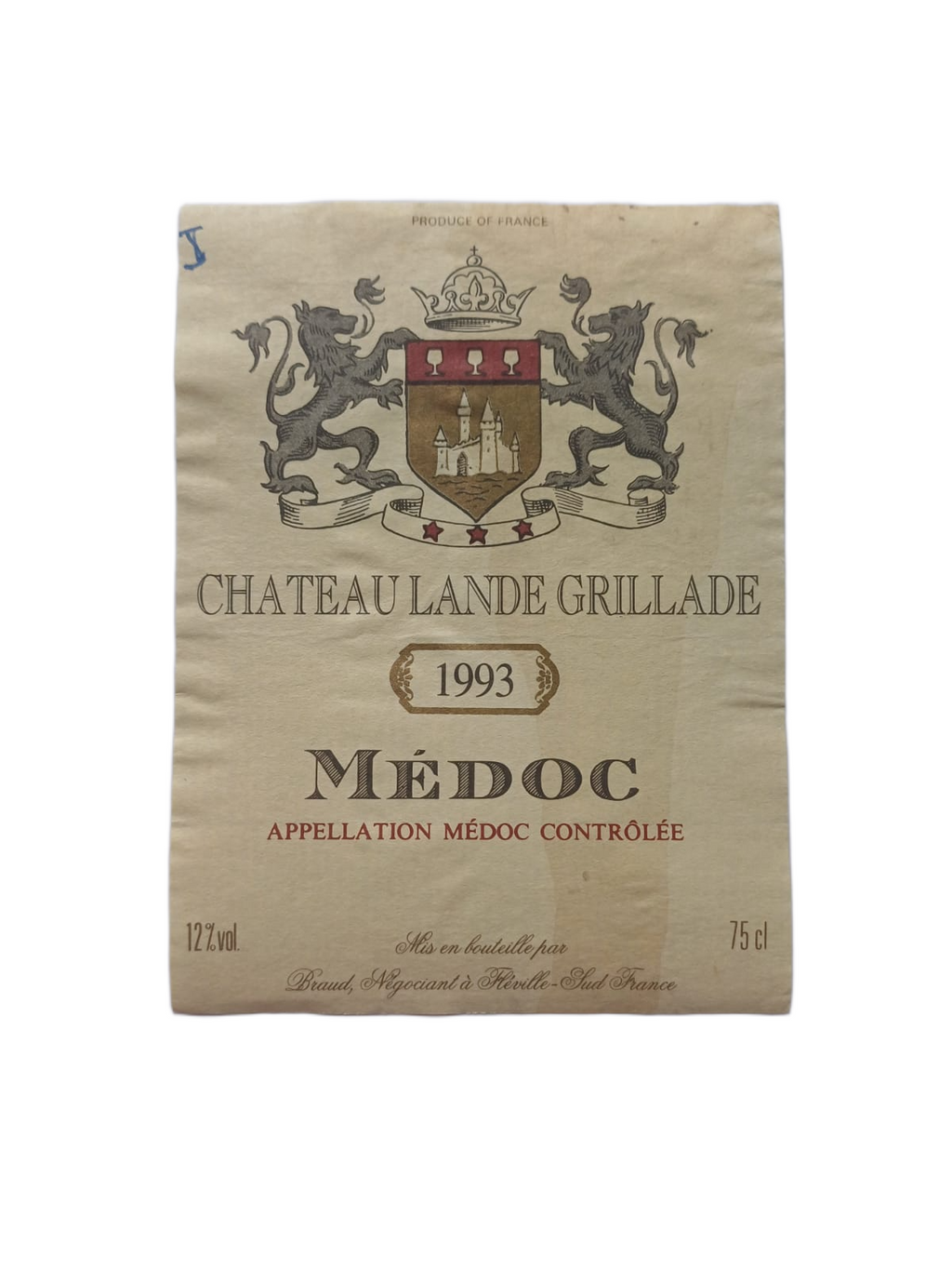Étiquette vin Médoc 1993 – Château Lande Grillade Vinaé