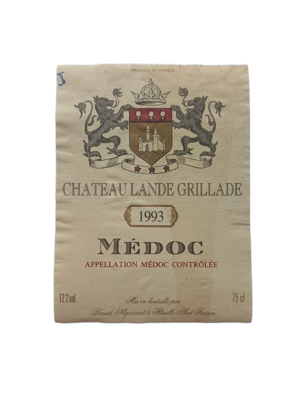 Étiquette vin Médoc 1993 – Château Lande Grillade Vinaé