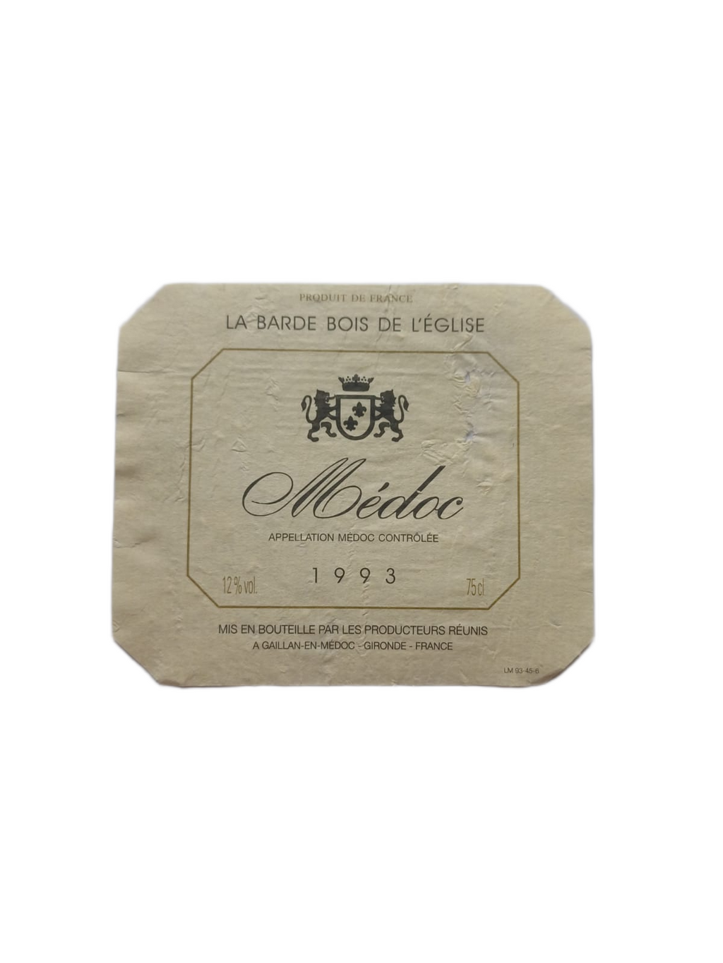 Étiquette vin Médoc 1993 – La Barde bois de l'église Vinaé